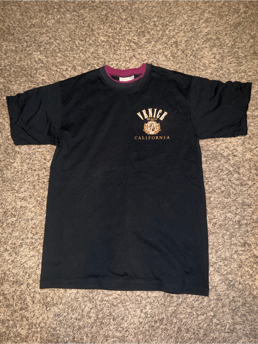 Bliss Black Graphic 'Venice California' crew Tee with Burgundy Trim